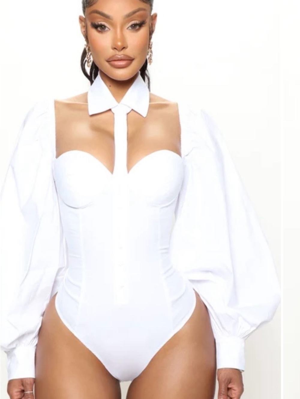 Fashion Nova White Puff-Sleeve Corset Bodysuit with Collar Detail